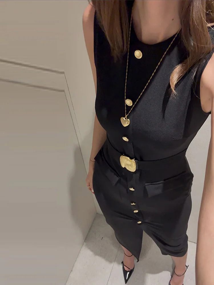 Elegant split style womens long skirt Oneck sleeveless single chest waist pleated pocket dress summer Vestidas 250313