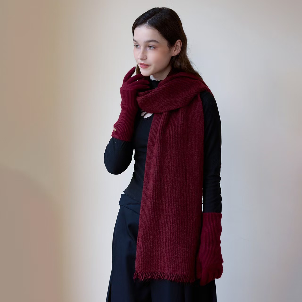 T278 raw edge solid color knitted scarf women's winter wool thick warm wool neck scarf trendy