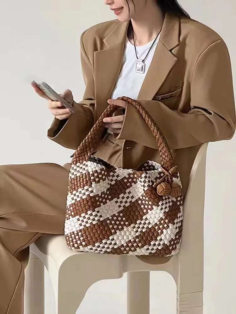 Woman Large Casual Tote PU Leather University Striped Mistress Gift Woven Shoulder Bag