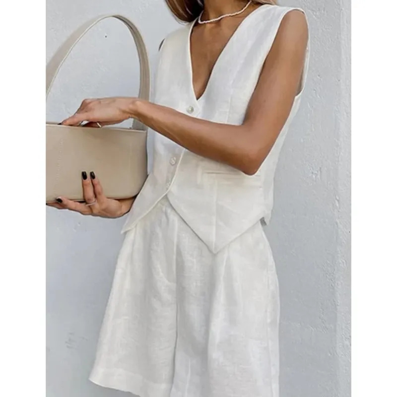 Womens 2025 Street Solid Cotton Linen Shorts 2 Pieces Sets Single Breasted Button Sleeveless Vest Suit Pockets Set Outfits 250311