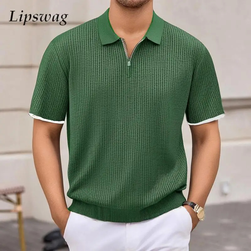 Casual solid color knitted mens polo shirt for spring and summer fashion zipper up down lapel top casual breathable 250313