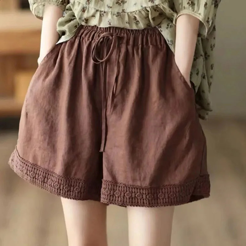 Summer Thin Cotton Linen Baggy Shorts Women Casual High Waist Short Pants Korean Lace Up Loose Straight Pantalones Cortos 250313