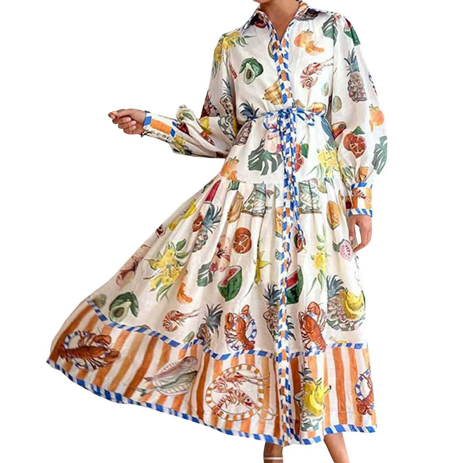 Urban Sexy Dresses Womens long dress with retro printed lantern Slve waist big swing European and American womens Dr. Vistidos Palla Mujer Y2403120ETE