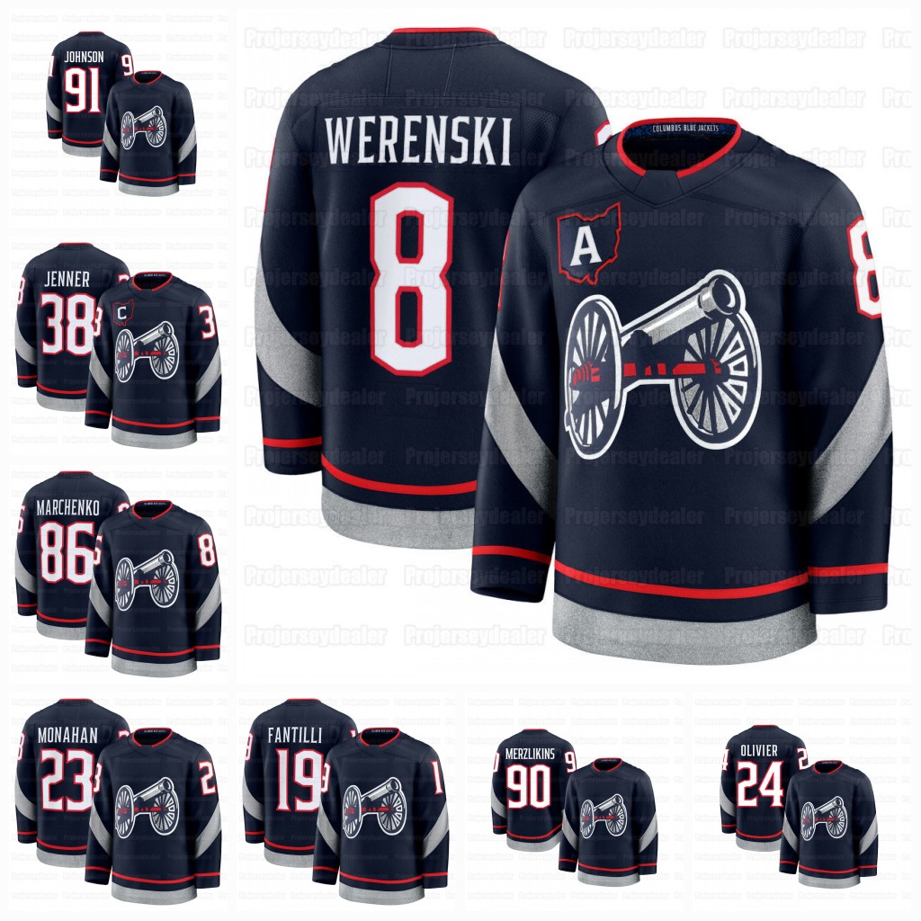 8 Zach Werenski 2025 Stadium Series Jerseys Johnny Gaudreau Jenner Kirill Marchenko Fantilli Mathieu Olivier Blue Sean Monahan Dmitri Voronkov