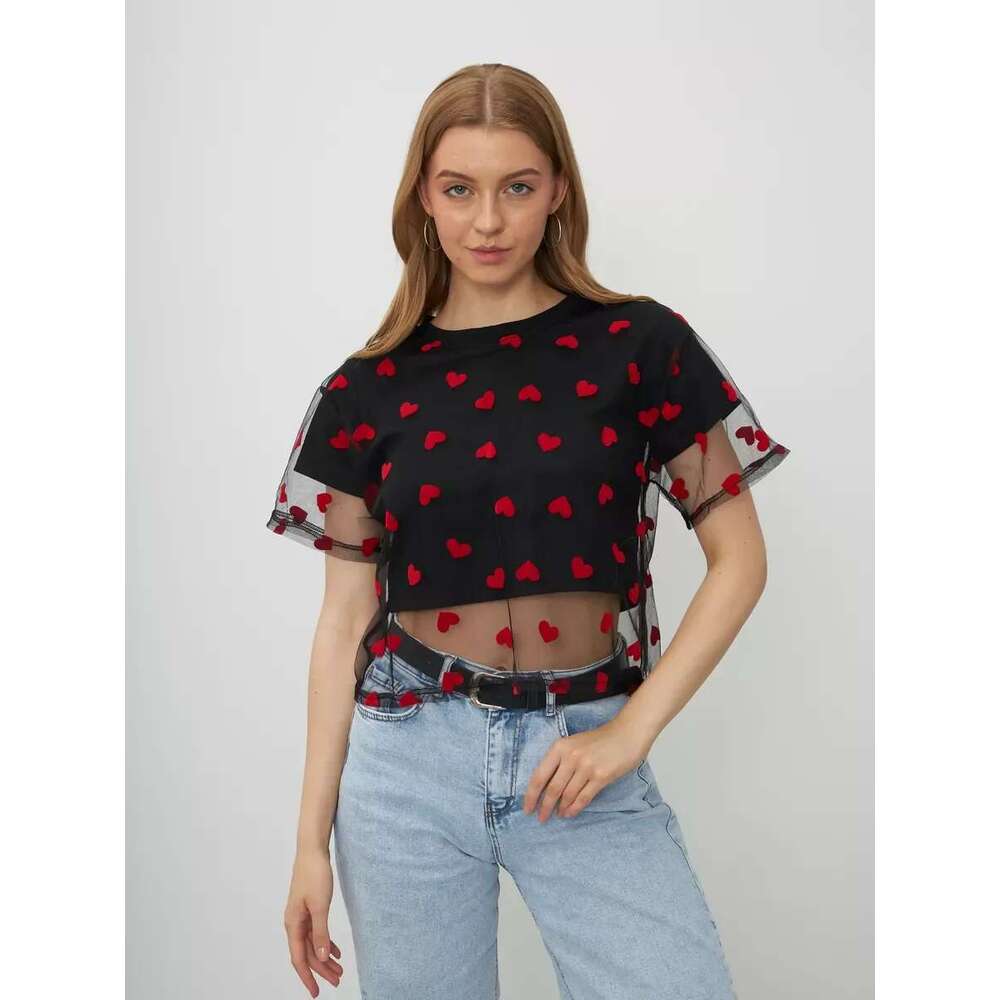 Heart Mesh Patchwork Vintage Streetwear Aesthetic Chic T Shirt Women Casual Cotton Short Sleeve Tops Y2k