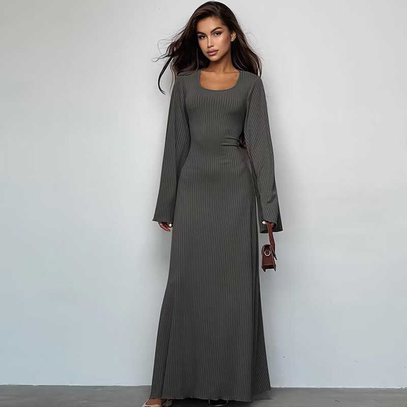 Womens 2023 autumn fashion loose U-neck back lace up long sleeved dress T250312