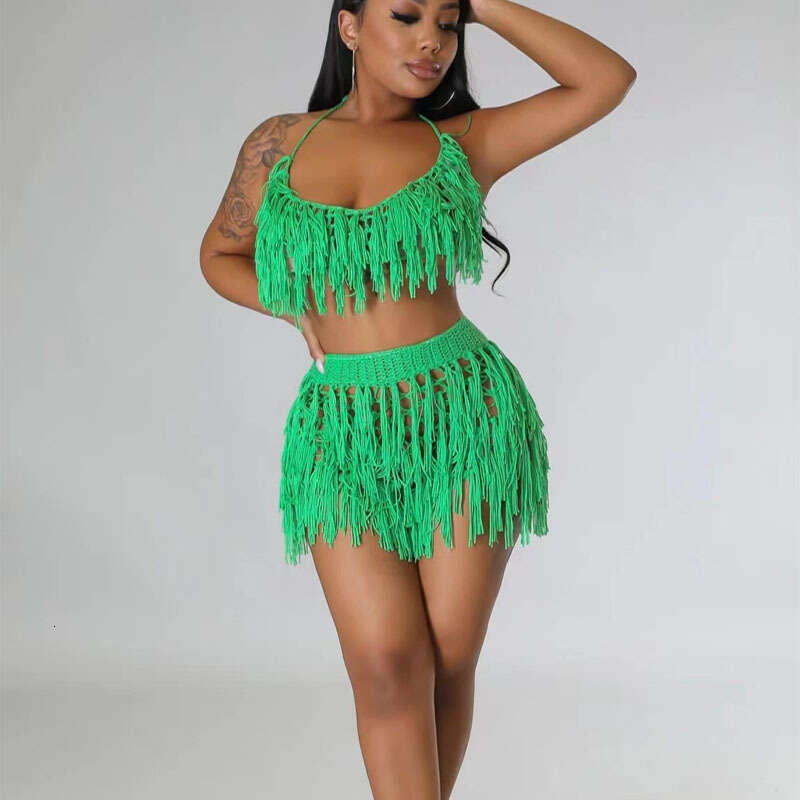 New Urban Sexy Perspective Knitted Hand Hook Tassel Beach Shorts Set For Women