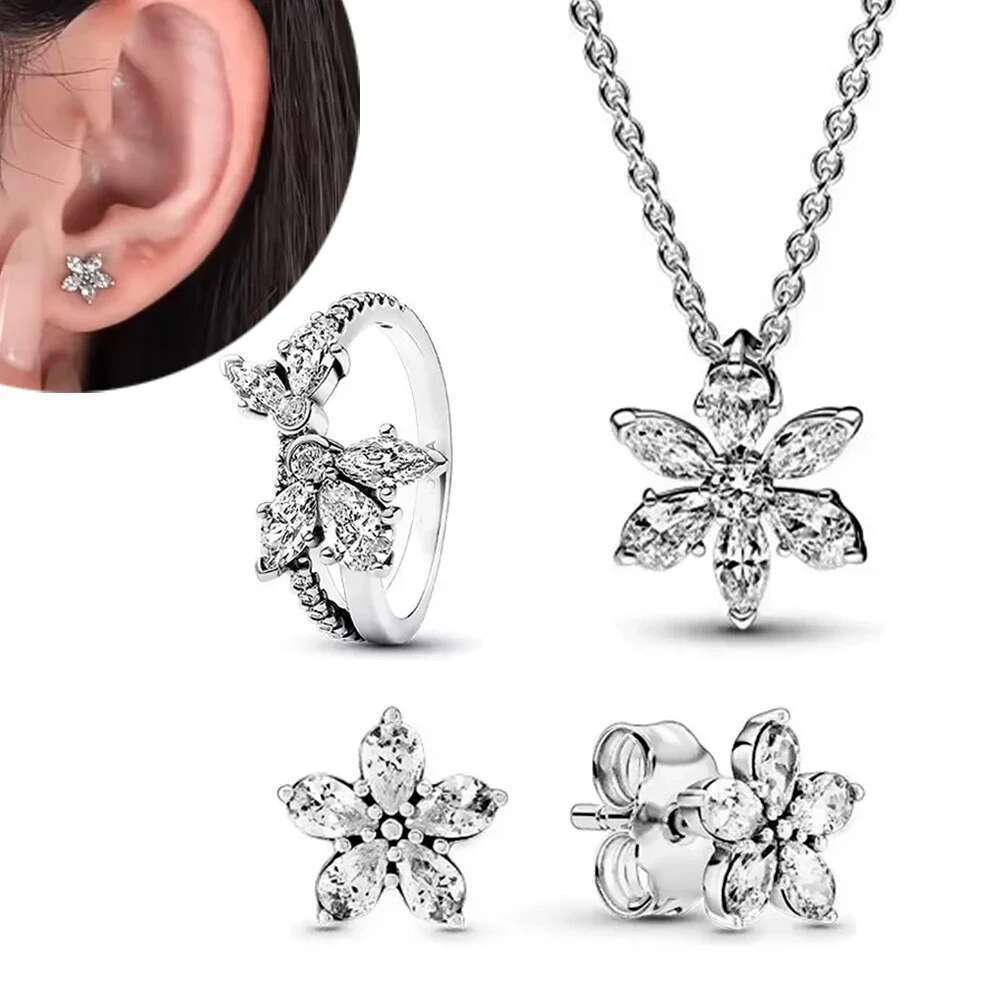 Earrings 925 Sterling Silver Sparking White Glass Flower Series Earrings Charms Necklace Ring Women's Fine Jewelry Gift