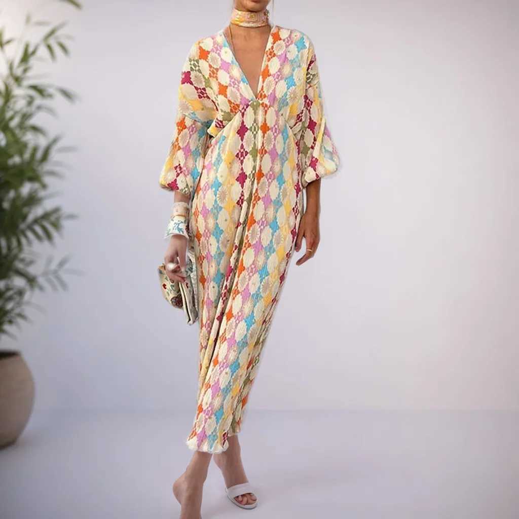 Urban Sexy Dresses Fashion Female Midi Dr Geometric Patterns Print on Dr V-neck Puff Slve Loose Pleated 2025 Summer Robes Plus Size S-3XL Y240312ND52