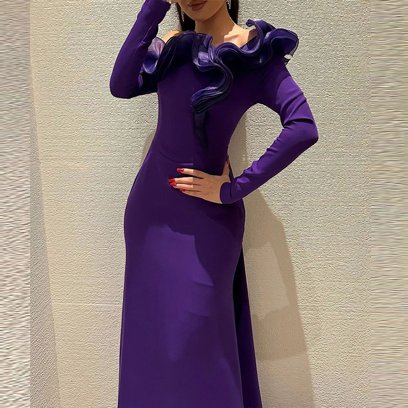 Purple Ruffle Off Shoulder Womens Evening Dress Fashion Temperament Slim Robe Dresses Sexy Hollow Out Long Sleeved Party 250313