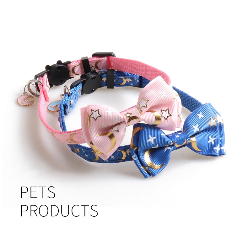 Cat Collar with Bow Tie and Moon Charm, Small Cat Kitten Gold Moon and Star Process Printing Collar Breakaway Adjustable Collar for Boys and Girls Cat