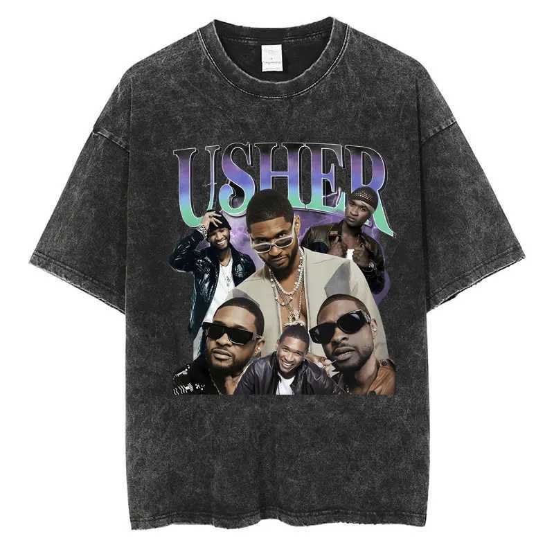 Rapper Usher Graphic Washed T Shirt Vintage Harajuku Men Women Oversized T-shirts Cotton Casual Fashion Summer Ts Strtwear X250313