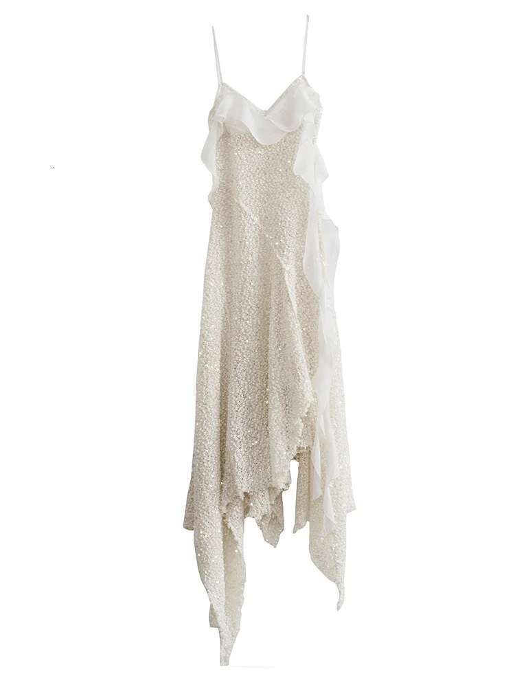 Women Beige Burr Perspective Sequins Irregular Long Spaghetti Strap Dress New Fashion Tide Spring Autumn 2025 1Dh4725