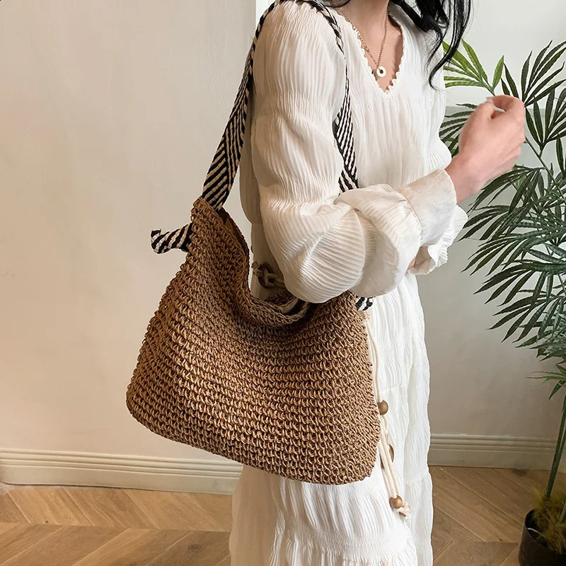 Straw Woven Straw Beach Bag Fashion Large Capacity Knot Shoulder Straps Single Shoulder Bag Tote Bag Travel 250312
