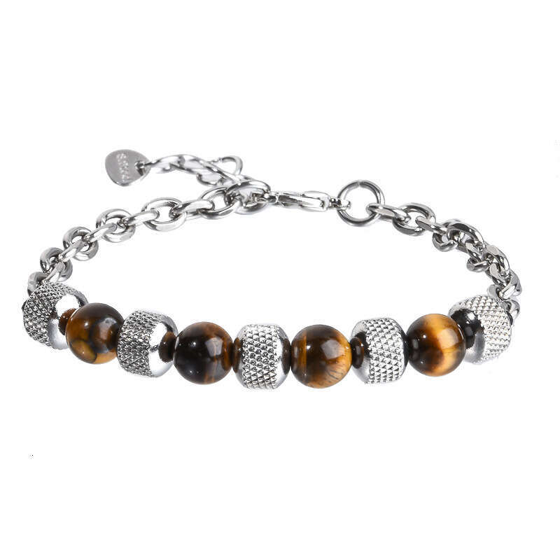 Men's Stainless Steel Tiger Eye Agate Volcanic Stone Adjustable Bead Bracelet Jewelry