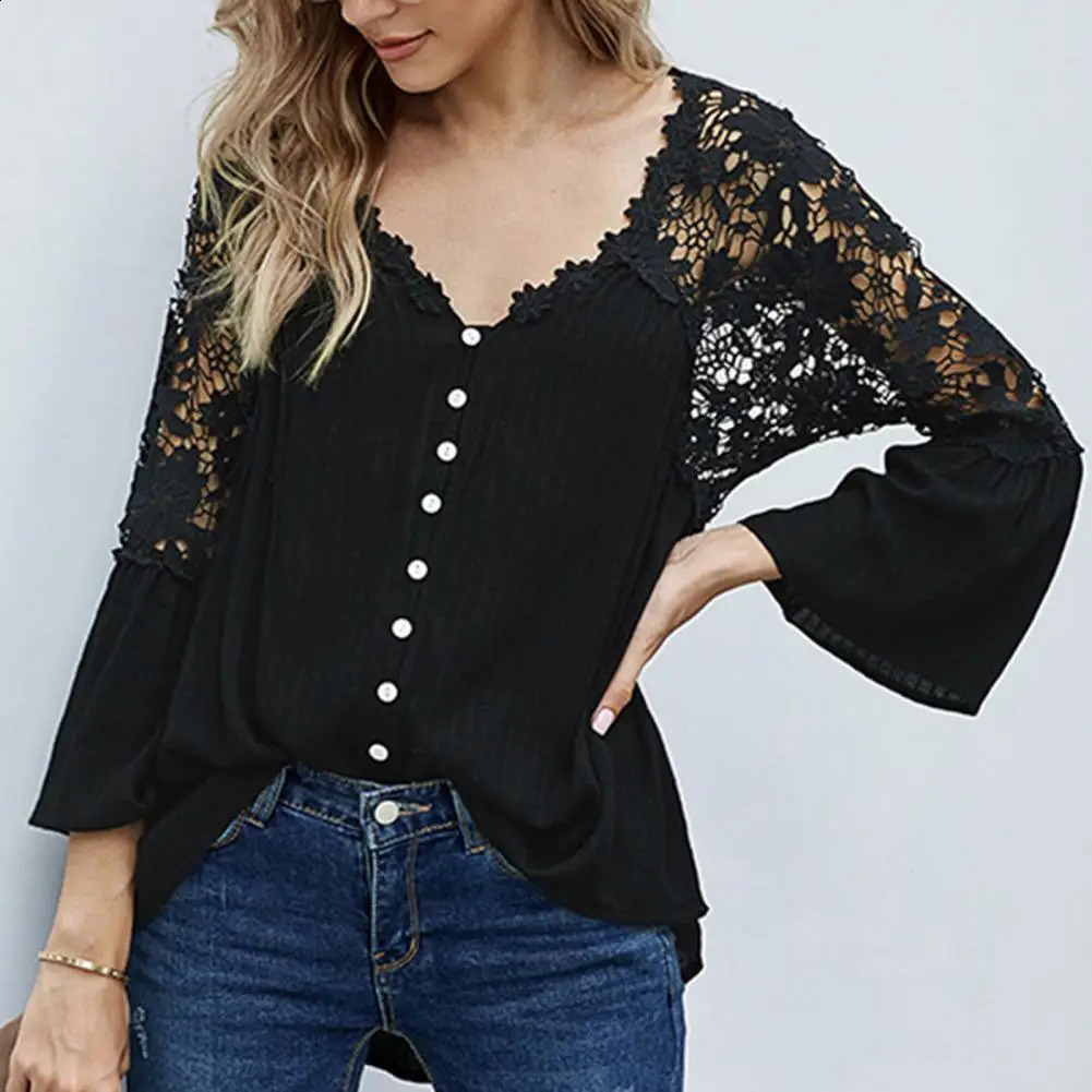 Women Blouse Fashion Flare Sleeve Tops Women Lace Stiching Blouses Casual Spring Blusas Female V-Neck Blusas Oversized Chemise 250313