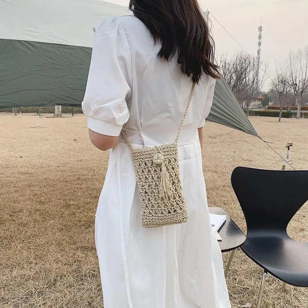 Female Vintage Crossbody Phone Bag Straw Rope Hand-woven Vacation Mini Purse Women Casual Mobile Phone Pouch Streetwear R250312