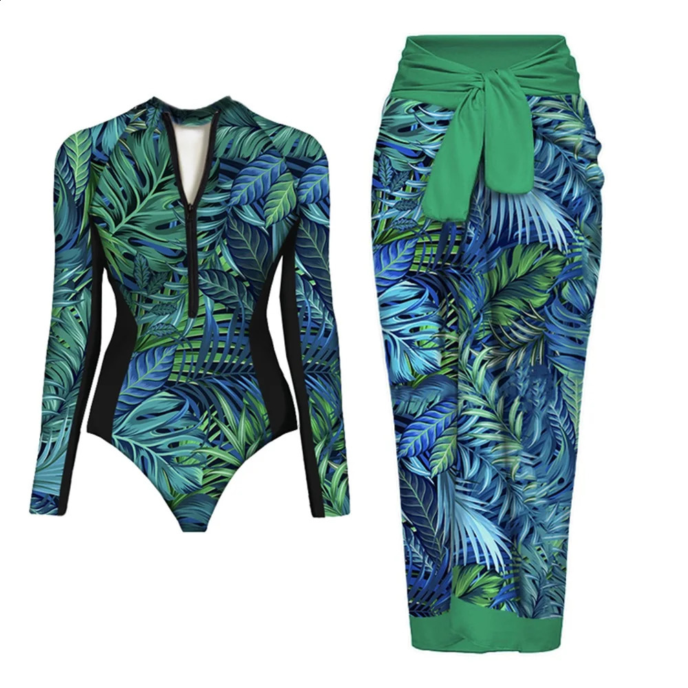 Long Sleeve Vintage Print One Piece Swimwear Zipper Conservatism Women Bathing Suit And Wrap Skirt Surfing Swim 250313
