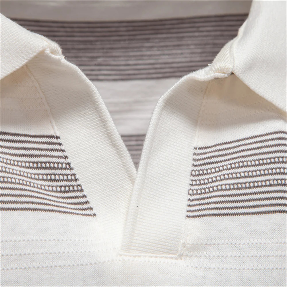 AIOPESON Summer Striped V Neck Cotton Polo Shirts for Men Breathable Short Sleeve Casual Knit Comfort Fit 250313