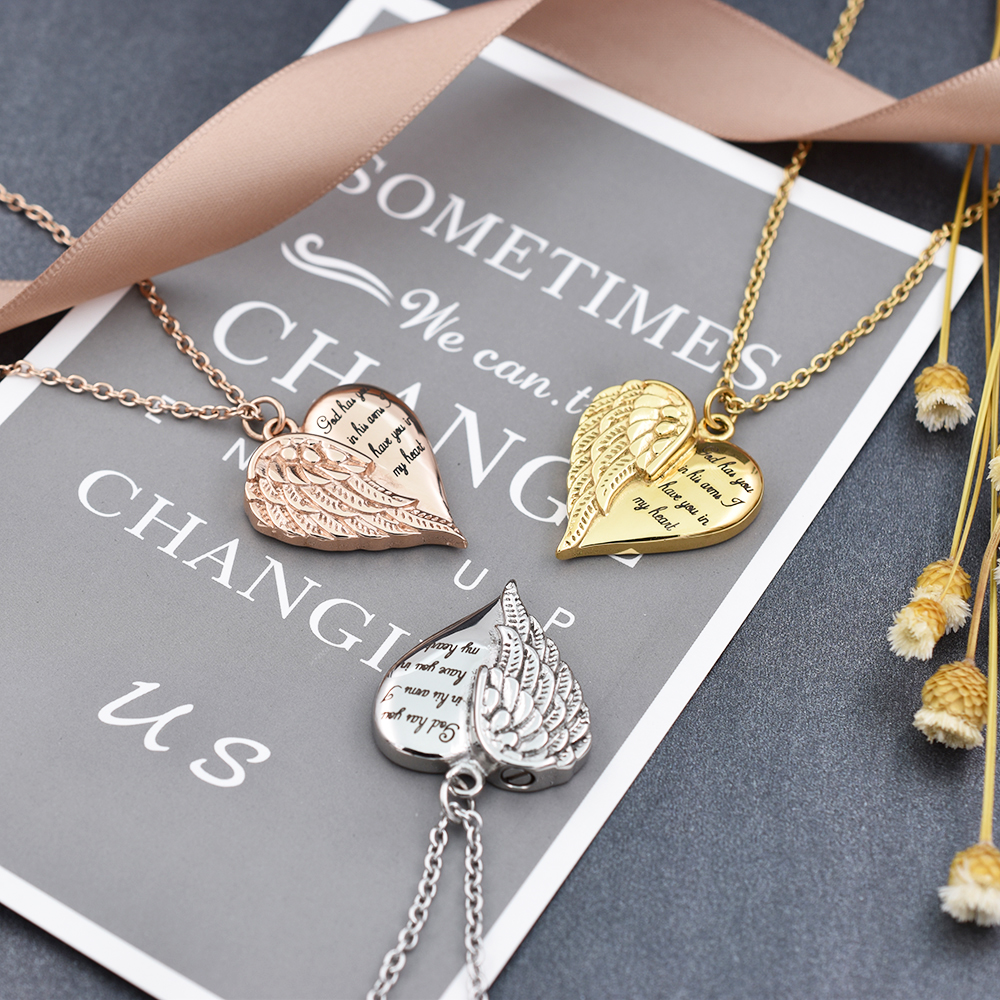 Engraved Angel Wing Heart Pendant Cremation URN Necklace - Memorial Jewelry with Keepsake Box