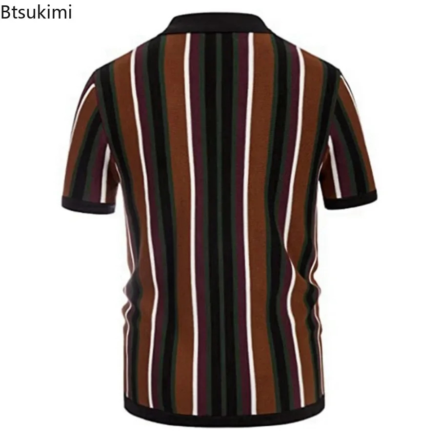 Mens Summer Casual Knitted Shirts British Retro Stripe Patchwork Short Sleeve Jacquard Business Polo Shirt 250313