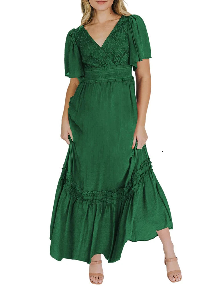 Womens V Neck Formal Lace Maxi Dress Ruffle Fringe Short Sleeve Boho Wedding Guest Long Dresses 250313