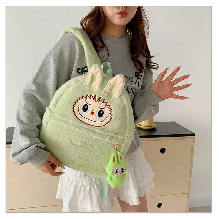 Cartoon Labubu Plush Backpack Kawaii Doll Color Large-Capacity Backpack Student Bag Girl Surprise Birthday GiftT250313