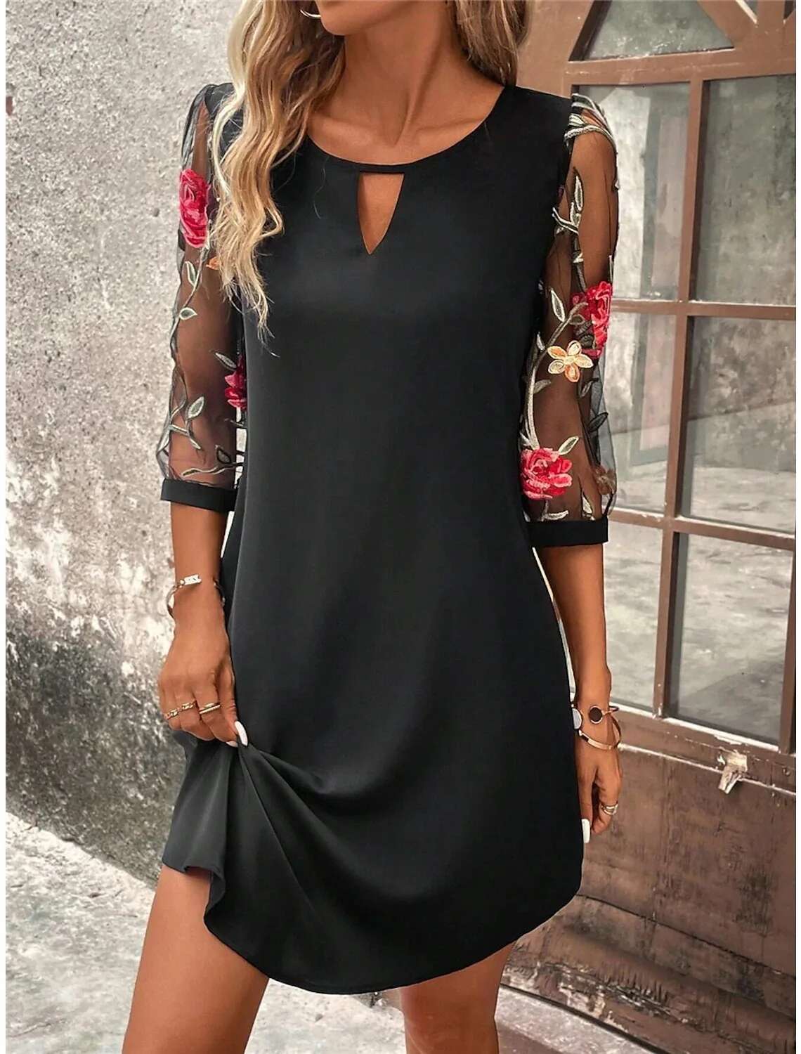 Women's Perspective Mid Sleeve Printed Round Neck Mini Skirt Summer Party Dress