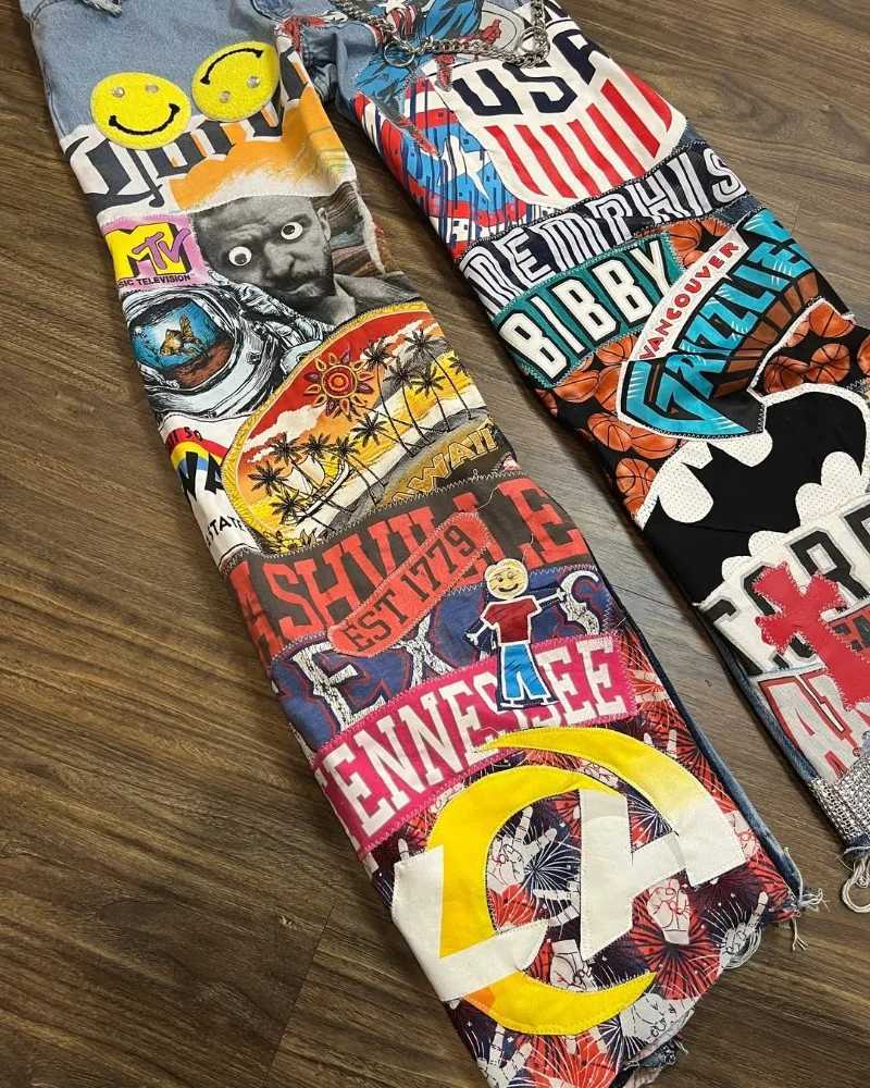 Fashion washing cartoon printing oversized jeans mens Y2k Gothpunk street hip-hop rock high waist wide leg womens jeans X250313