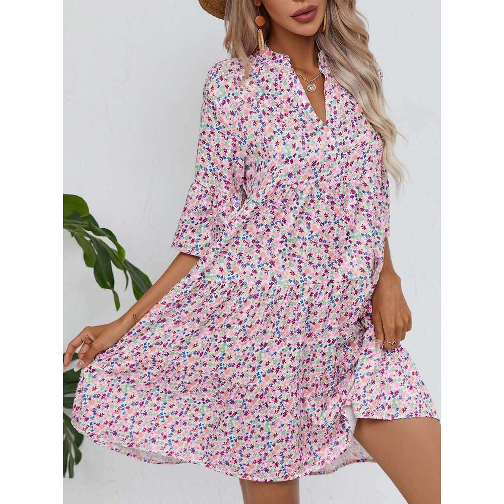 European American popular dress summer 2025, loose V-neck casual short skirt for women's clothing, 2025 new style, chic and elegant clothing