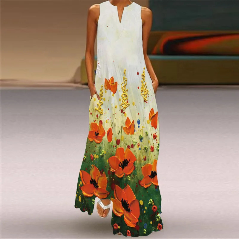 Vintage Print Women Sundress Summer Fashion V-neck Sleeveless Long Dress Elegant Ladies Maxi Dresses Femme Vestidos 250313