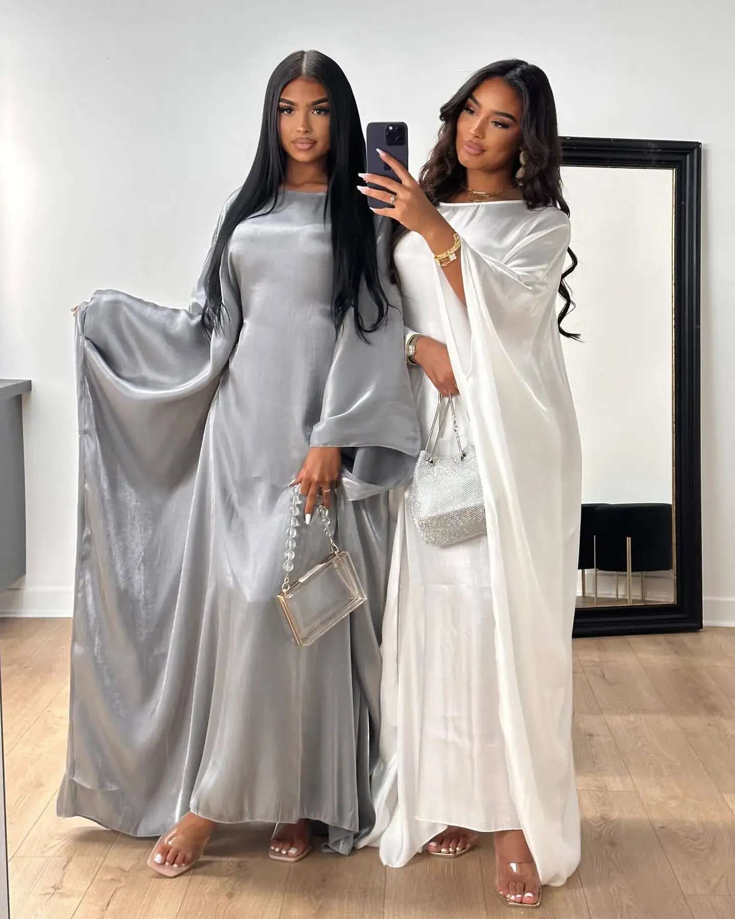 Butterfly Abaya Inner Belt Shiny Batwing Muslim Party Dress Summer Abayas Women Dubai Turkey Islam Outfit Kaftan Robe