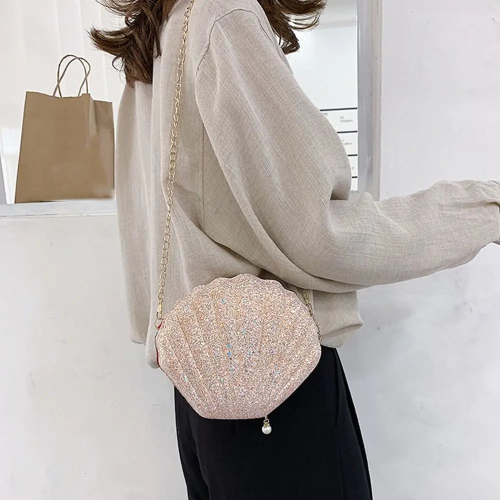 Chain Sequined Shoulder Bag For Women Pu Leather Handbags Cute Shell Crossbody Bags Female Sequins Small Bag Phone Money Pouch 250305