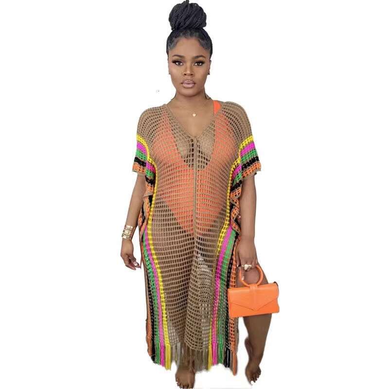 Summer New Women's Long Sexy Woolen Hand Hook Knitted Tassel Color Blocked Beach Skirt For Women