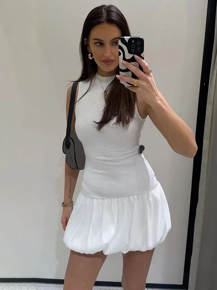 Summer elegant knitted sleeveless short sleeved bubble ball womens dress evening casual clothing Y2K street 250313