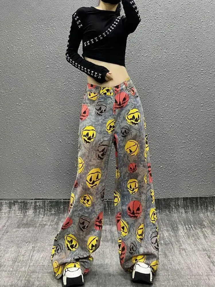Spring And Summer Colorful Prints Tie-Dyed Washed Jeans Women's New High-Waisted Loose Versatile Straight Wide-Leg Pants
