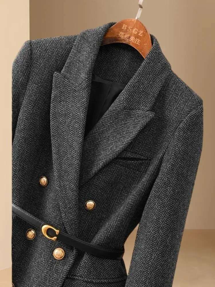 Women's Thickened Blazer Coat, Spring Autumn 2024 New Style Woolen Double-Faced Cashmere Overcoat, Winter Export Quality