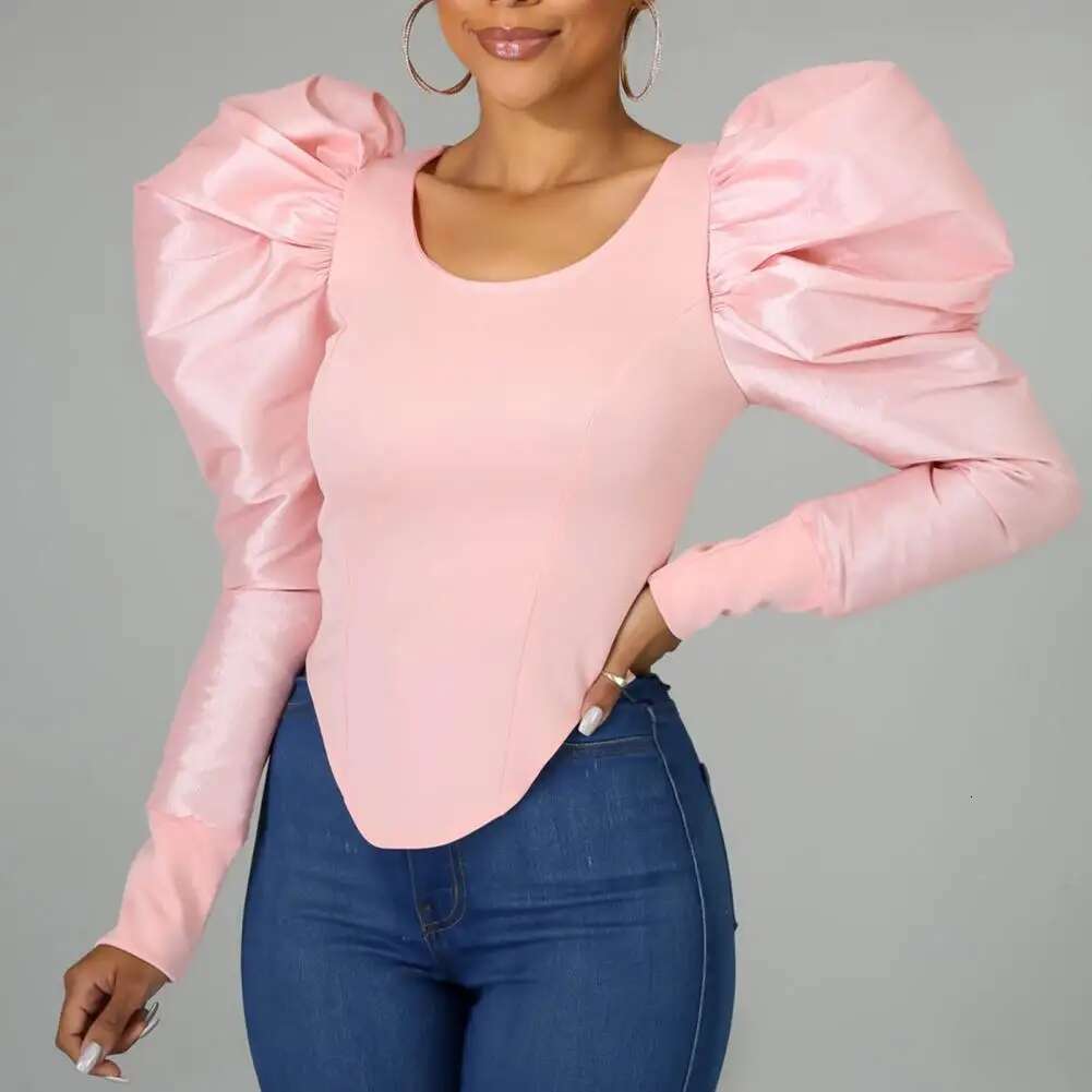 Women Casual Patchwork Outfits Puff Sleeve Stylish Pullover Top Female Spring Summer Skinny Blouse For Party