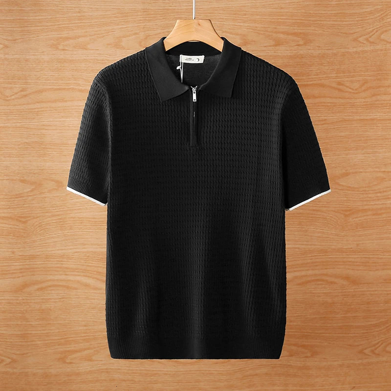 Casual solid color knitted mens polo shirt for spring and summer fashion zipper up down lapel top casual breathable 250313