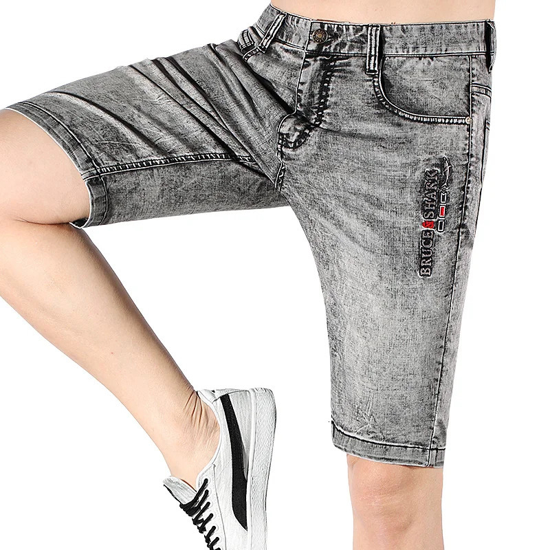 gray denim shorts mens Bruce Shark summer thin soft cotton casual fashion stretch straight loose Trouser size 42 250313
