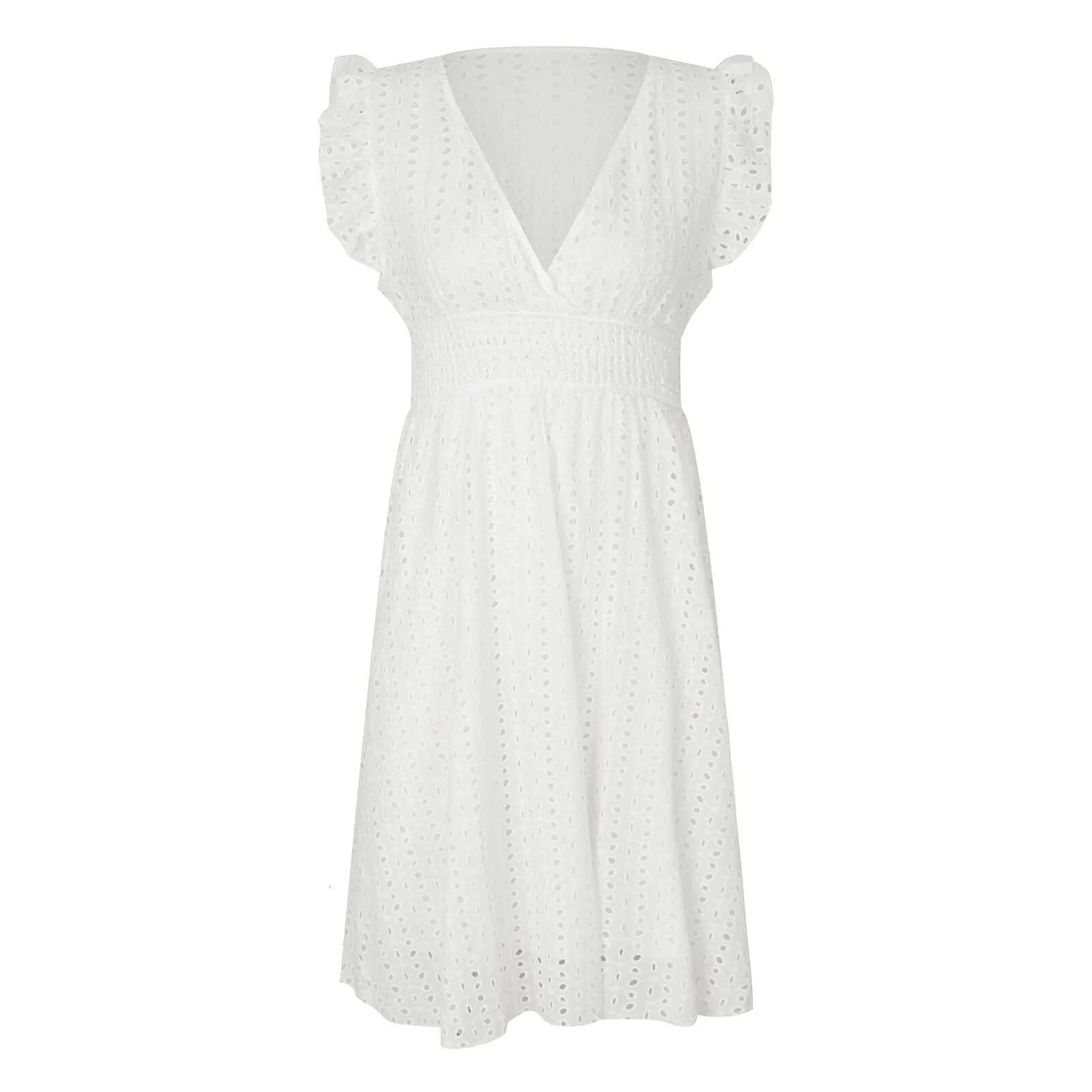 Women White V-Neck Beach Solid Summer A-E Half Sleeve Shirt Dress Casual Loose Pocket Sundress Holiday Baggy Long Robe