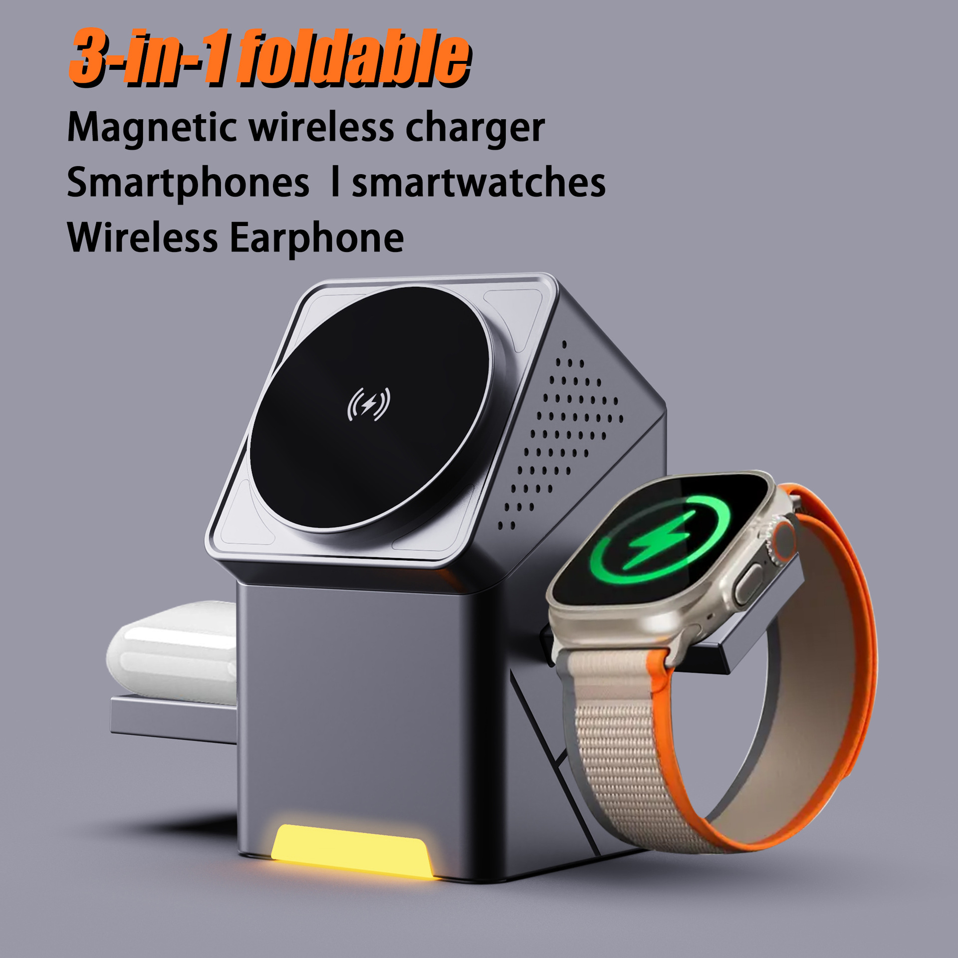3-in-1 Magnetic Wireless Charger Station Qi2 Certified 15W Fast Charge with Auto-Rotating Magsafe & Pop-Up Design for iPhone 15/14, Apple Watch Ultra/
