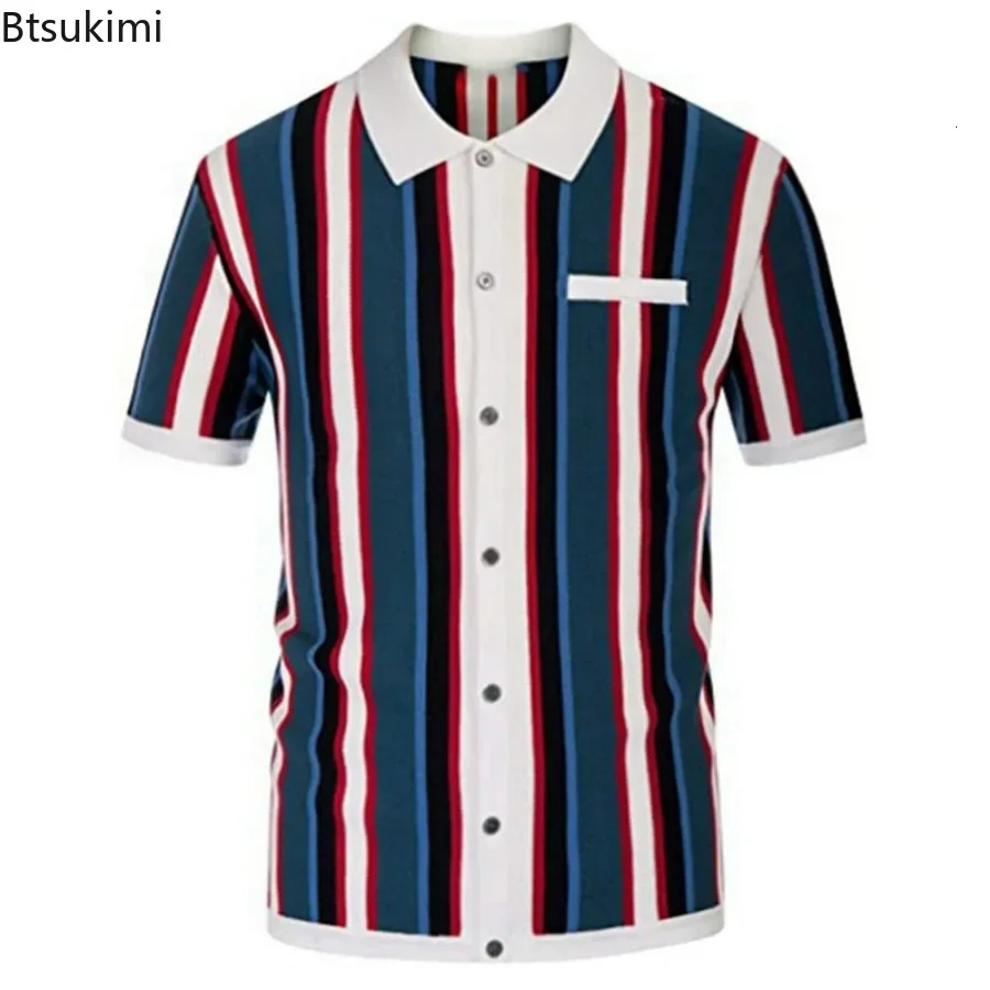 Mens Summer Casual Knitted Shirts British Retro Stripe Patchwork Short Sleeve Jacquard Business Polo Shirt 250313