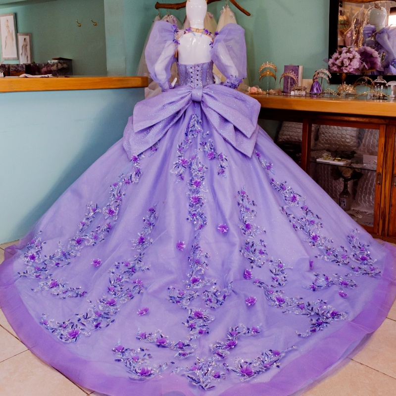 Lavender Shiny Off Shoulder Quinceanera Dresses Applique Flower Beading Crystal Corset Tull Puff Sleeve Party Birthday Sweet 16 Dress Vestidos 15 anos