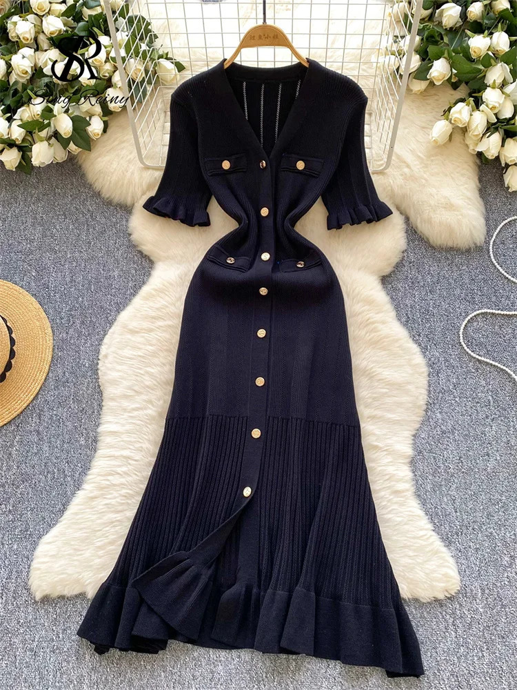 SINGREENY Summer OL Knitted Dress Womens Vneck Button n Ultra Thin Mermaid Sun Skirt Fashion Elastic Solid Bohemian Long 250313