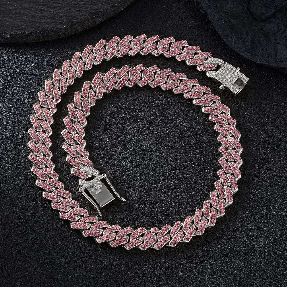 2tone Pink Blue Sier Color Miami Cuban k Chain Choker Necklace Bracelet Jewelry For Men Women 2 Row Rhies Paved 35cm
