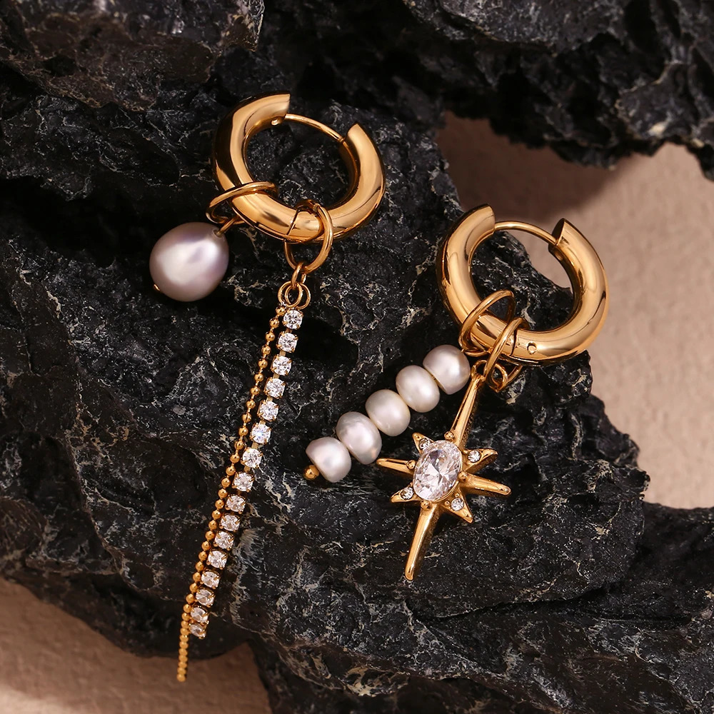 EBbelle Asymmetric Freshwater Pearl Zircon Octagonal Star Chain Earrings 18K Gold Plated 316L Stainless Steel Decoration 250313