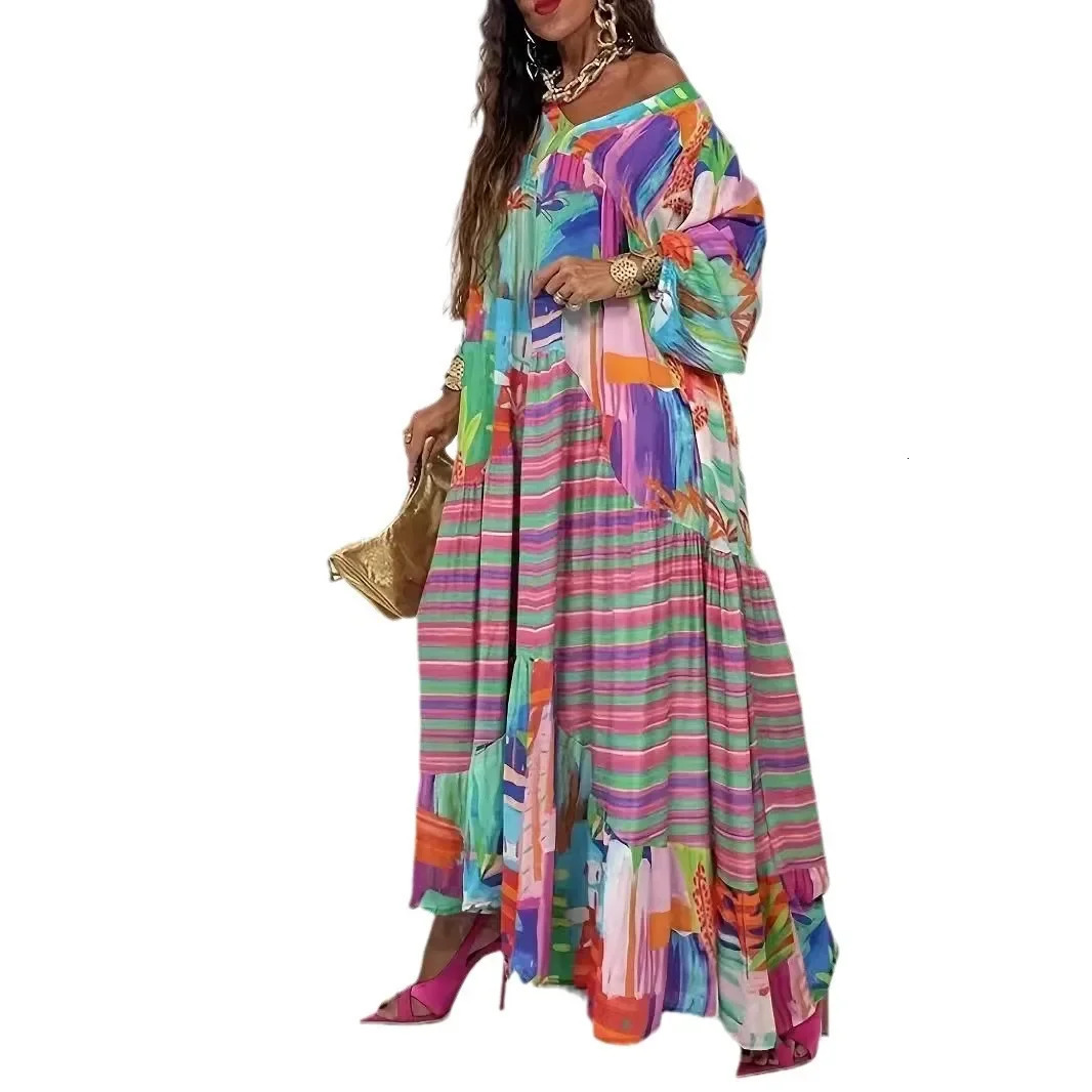 Plus size European plus Vneck striped print loose fit dress lace casual womens wear 250313