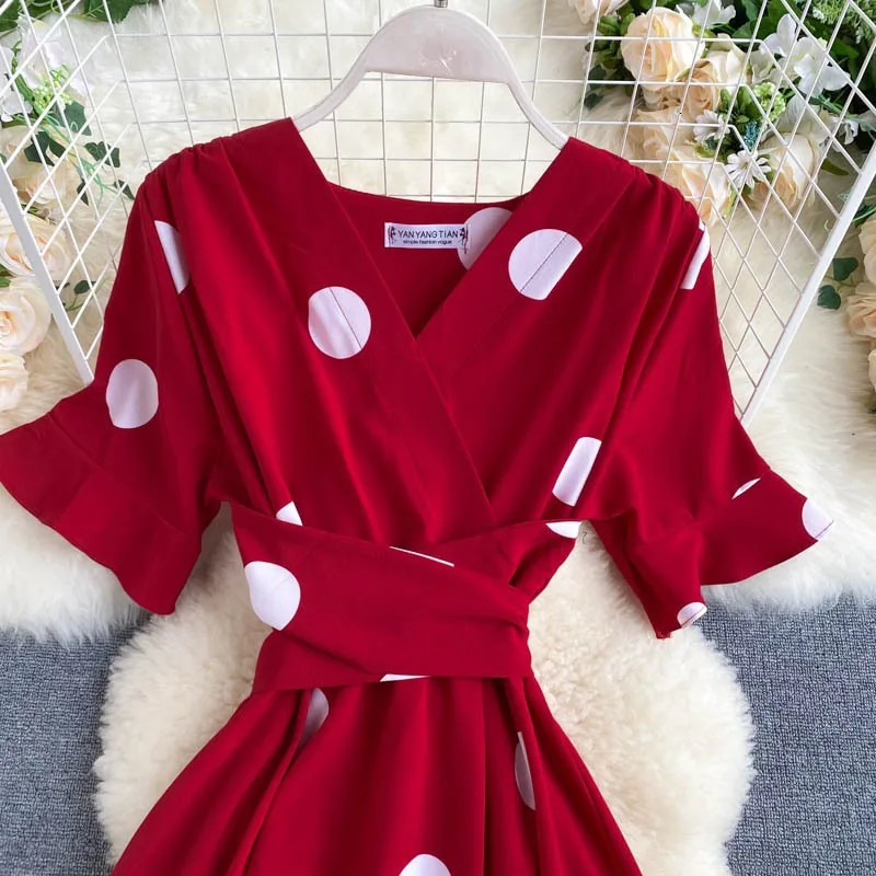 YuooMuoo Women Dress Korean Fashion Polka Dot Print Long Summer Vacation Style Sash Bandage Big Swing Beach 250313
