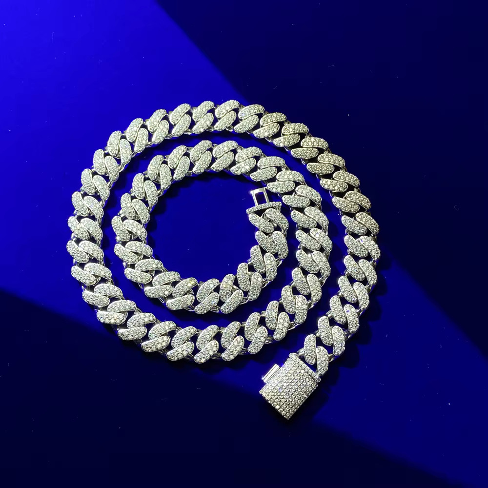 Best Selling Fashion Punk Style 12 Mm 925 Silver Three Row Hand Set Meta Cuban Chain Necklace for Men